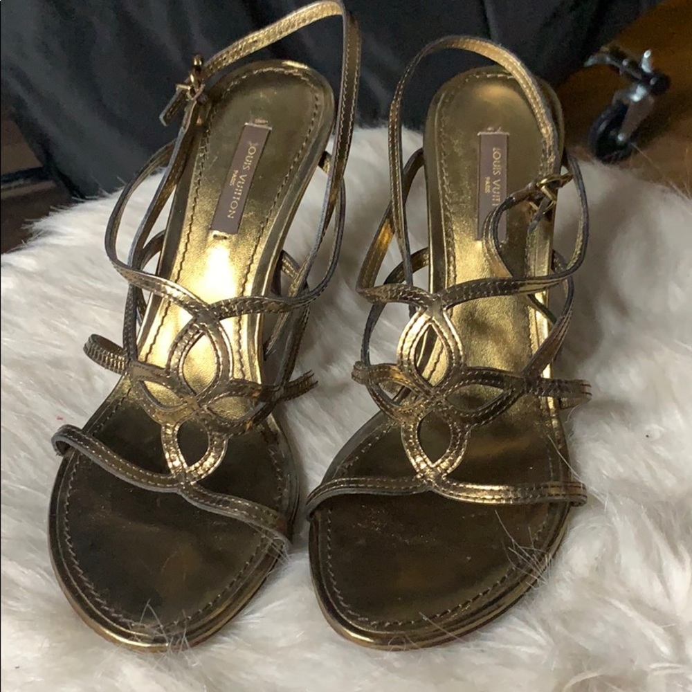 Almost new Strappy gold Louis Vuitton Wood Heels